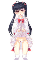 Rule 34 | 1girl, ahoge, black hair, bow, bow panties, brown eyes, clothes lift, dress, dress lift, frilled dress, frills, hair ribbon, highres, long hair, looking at viewer, lowleg, lowleg panties, navel, open mouth, original, over-kneehighs, panties, reason (ficafe), ribbon, simple background, solo, standing, thighhighs, twintails, underwear, white background, white dress, white panties, white thighhighs
