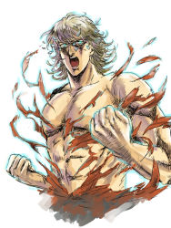 Rule 34 | 1boy, aqua eyes, bad id, bad pixiv id, barnaby brooks jr., blonde hair, exploding clothes, glasses, glowing, glowing eyes, hara tetsuo (style), hokuto no ken, male focus, manly, muscular, parody, solo, style parody, tiger &amp; bunny, torn clothes, ymsr