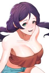 Rule 34 | 10s, 1girl, bare shoulders, breasts, cleavage, collarbone, crop top, crop top overhang, green eyes, highres, large breasts, long hair, love live!, love live! school idol project, low twintails, midriff, parted lips, purple hair, scrunchie, short shorts, shorts, smile, solo, strapless, tojo nozomi, tube top, twintails, yeonong