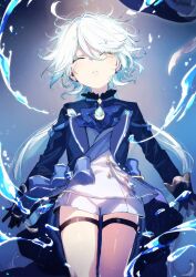 Rule 34 | 1girl, absurdres, black gloves, blue jacket, closed eyes, commentary request, facing viewer, furina (genshin impact), genshin impact, gloves, hair between eyes, highres, jacket, parted lips, short shorts, shorts, sleeves past wrists, sofra, solo, thigh strap, water, white hair, white shorts