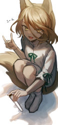 Rule 34 | 1girl, :3, :d, absurdres, animal ears, brown eyes, fox ears, fox shadow puppet, fox tail, hair between eyes, highres, holding, holding test tube, knees up, kudamaki tsukasa, light brown hair, looking at viewer, open mouth, otoshiro kosame, romper, short hair, simple background, sitting, smile, solo, tail, test tube, touhou, white background