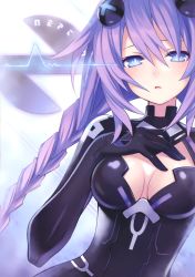 Rule 34 | 10s, 1girl, absurdres, blue eyes, blush, bodysuit, braid, breasts, breasts apart, bright pupils, center opening, choujigen game neptune, cleavage, cleavage cutout, clothing cutout, electricity, emblem, english text, gloves, hair between eyes, hair ornament, hand on own chest, highres, hip focus, leotard, long hair, looking at viewer, magical girl, neptune (neptunia), neptune (series), official art, open mouth, power symbol, power symbol-shaped pupils, purple hair, purple heart (neptunia), scan, sidelocks, single braid, solo, symbol-shaped pupils, tsunako, turtleneck, twin braids, twintails, upper body, very long hair