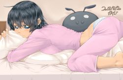 Rule 34 | 1girl, artist name, ass, barefoot, bed, black hair, blue eyes, blush, body pillow, breasts, dated, highres, kanji (white7night), looking at viewer, lying, medium breasts, midriff, on stomach, original, pajamas, panties, pants, pillow, pink pants, pink shirt, shirt, short hair, signature, solo, striped clothes, striped panties, stuffed toy, underwear