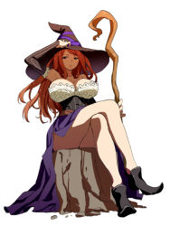 Rule 34 | 1girl, bare shoulders, breasts, brown eyes, brown hair, crossed legs, detached sleeves, dragon&#039;s crown, dress, hand on headwear, hat, large breasts, long hair, saitou masatsugu, side slit, simple background, sitting, sitting on tree stump, solo, sorceress (dragon&#039;s crown), staff, strapless, strapless dress, tree stump, white background, witch hat