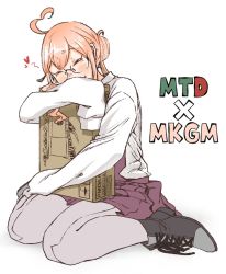 Rule 34 | 1girl, ahoge, bad id, bad twitter id, boots, box, chimaki., closed eyes, commentary request, cross-laced footwear, double bun, full body, glasses, grey pantyhose, hair bun, halterneck, hug, kantai collection, lace-up boots, long sleeves, makigumo (kancolle), pantyhose, pink hair, shirt, simple background, sitting, sleeves past fingers, sleeves past wrists, solo, twintails, wariza, white background, white shirt
