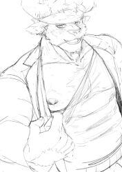Rule 34 | 1boy, animal ears, bara, bare pectorals, blush, chest hair, clothes pull, covered abs, cow ears, cow horns, facial hair, furry, furry male, goatee, greyscale, headband, heraku (haga1212), highres, horns, large pectorals, male focus, mature male, minotaur, monochrome, mouth hold, muscular, muscular male, nipples, pectorals, seductive smile, shennong (housamo), shirt pull, short hair, sketch, smile, solo, stalk in mouth, sweat, tank top, tokyo houkago summoners, upper body