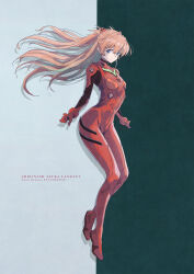 Rule 34 | 1girl, blue eyes, blush, bodysuit, breasts, brown hair, character name, copyright name, floating hair, full body, hair ornament, headgear, highres, interface headset, long hair, long twintails, looking at viewer, neon genesis evangelion, pilot suit, plugsuit, red bodysuit, satyuas, science fiction, shiny clothes, simple background, small breasts, solo, souryuu asuka langley, two-tone background, very long hair