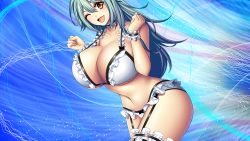 Rule 34 | 1girl, aqua hair, ass, bare shoulders, bra, breast expansion, breasts, brown eyes, choker, cleavage, curvy, garter straps, happy, huge breasts, kyo (time tenshi), legs, long hair, looking at viewer, navel, one eye closed, open mouth, original, panties, simple background, smile, solo, standing, thick thighs, thigh strap, thighhighs, thighs, time tenshi, underwear, wide hips, wink