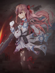Rule 34 | 1girl, arm strap, black pantyhose, bleeding, blood, blood on clothes, blood on face, blush, bow, bowtie, braid, breasts, chashire106, clenched hand, collared jacket, crazy smile, deep wound, floating hair, from side, general-purpose machine gun, girls&#039; frontline, gloves, grey shirt, gun, hair between eyes, hair bow, hair ornament, hair ribbon, hairclip, hexagram, holding, holding gun, holding weapon, imi negev, injury, iwi negev, jacket, leg ribbon, light machine gun, light particles, long hair, looking afar, machine gun, medium breasts, negev (girls&#039; frontline), pantyhose, parted lips, pink hair, pleated skirt, pouch, red bow, red eyes, red ribbon, ribbon, shirt, skirt, smile, solo, standing, star of david, strap, tearing up, torn clothes, torn gloves, torn jacket, torn pantyhose, torn skirt, weapon, white gloves, white skirt, wind, wind lift