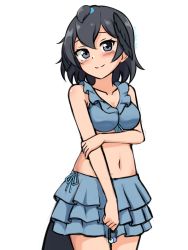 Rule 34 | 1girl, alternate costume, arm under breasts, bare arms, bare shoulders, black hair, blue eyes, blush, breasts, collarbone, cowboy shot, hair between eyes, head wings, highres, kemono friends, looking at viewer, medium breasts, midriff, navel, shiraha maru, short hair, simple background, smile, solo, superb bird-of-paradise (kemono friends), tail, twitter username, white background, wings