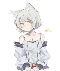 Rule 34 | 1girl, animal ear fluff, animal ears, breasts, camisole, cat ears, chest jewel, collarbone, frown, highres, jacket, looking at viewer, mio (xenoblade), short hair, simple background, small breasts, solo, tank top, tutaiiiiii, white background, white camisole, white hair, white jacket, white tank top, xenoblade chronicles (series), xenoblade chronicles 3, yellow eyes