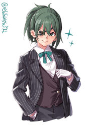 Rule 34 | 1girl, alternate costume, alternate hairstyle, bow, butler, commentary request, cowboy shot, ebifurya, eyepatch, female butler, formal, gloves, green bow, green eyes, green hair, hand in pocket, highres, kantai collection, kiso (kancolle), looking at viewer, one-hour drawing challenge, short hair, simple background, solo, striped suit, suit, twitter username, vest, white background, white gloves