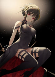 Rule 34 | 1girl, akatsuki hijiri, bare shoulders, black dress, black gloves, black hair, black thighhighs, breasts, cleavage, dagger, dress, fingerless gloves, flower, gloves, gold hairband, hair flower, hair ornament, hairband, highres, knife, large breasts, long hair, looking at viewer, red eyes, rose, sidelocks, solo, spy x family, thighhighs, thighs, two-sided dress, two-sided fabric, weapon, yor briar