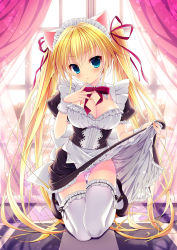 Rule 34 | 1girl, animal ears, blonde hair, blue eyes, blush, breasts, cameltoe, cat ears, cat girl, checkered floor, cleavage, clothes lift, curtains, female focus, frilled thighhighs, frills, hair ribbon, hand on own chest, kneeling, large breasts, lifting own clothes, long hair, looking at viewer, maid, maid headdress, mary janes, minatsuki alumi, moe2015, original, panties, pink panties, ribbon, shoes, short sleeves, side-tie panties, skirt, skirt lift, solo, thighhighs, twintails, underwear, very long hair, white thighhighs, wrist cuffs