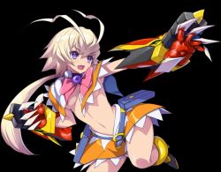 Rule 34 | 1girl, :d, akaga hirotaka, amanohara minori, antenna hair, arcana heart, arcana heart 3, belt, black background, blonde hair, blue belt, bow, bowtie, breasts, brooch, capelet, cowboy shot, gauntlets, jewelry, long hair, looking away, medium breasts, navel, official art, open mouth, orange skirt, pink bow, ponytail, purple eyes, revealing clothes, skirt, smile, solo, standing, standing on one leg, underboob, white capelet
