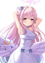 Rule 34 | 1girl, angel wings, armpits, arms behind head, azel (laevateinn495), blue archive, blunt bangs, commentary request, dress, feathered wings, flower, hair bun, hair flower, hair ornament, hair scrunchie, halo, highres, long hair, looking at viewer, mika (blue archive), pink hair, presenting armpit, school uniform, scrunchie, sidelocks, simple background, single side bun, sleeveless, sleeveless dress, smile, solo, turtleneck, turtleneck dress, white background, white dress, white wings, wings, yellow eyes