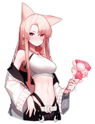 Rule 34 | 1girl, absurdres, animal ears, belt, beudelb, black shorts, blush, breasts, commentary, crop top, cropped torso, earrings, extra ears, flower, heart, heterochromia, highres, holding, holding flower, jacket, jewelry, korean commentary, looking at viewer, medium breasts, midriff, navel, necklace, off shoulder, original, pink eyes, pink flower, pink hair, purple eyes, shirt, shorts, simple background, snowflake earrings, solo, upper body, white background, white jacket, white shirt