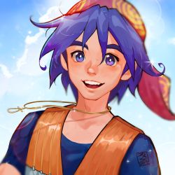 Rule 34 | 1boy, armor, bandana, blue hair, blue shirt, chainmail, chrono cross, cloud, cloudy sky, dated, fumezu1, hair between eyes, highres, jewelry, looking at viewer, male focus, necklace, open mouth, outdoors, purple eyes, red bandana, serge (chrono cross), shirt, short hair, sky, smile, solo, sparkle, teeth, thick eyebrows, upper teeth only