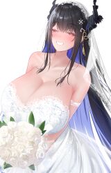 Rule 34 | 1girl, absurdres, asymmetrical horns, bare shoulders, black hair, blue hair, blush, breasts, bridal veil, bride, cleavage, collarbone, colored inner hair, demon horns, dress, flower, hair ornament, heart, heart-shaped pupils, highres, holding, holding flower, hololive, hololive english, horns, huge breasts, long hair, looking at viewer, mole, mole under eye, multicolored hair, nerissa ravencroft, prab, red eyes, solo, symbol-shaped pupils, two-tone hair, uneven horns, veil, virtual youtuber, wedding dress, white background, white dress