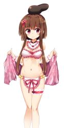 Rule 34 | 1girl, adapted costume, alternate costume, bandeau, bare legs, bare shoulders, blush, breasts, bridal garter, brown hair, cleavage, commentary request, detached collar, feet out of frame, frilled shirt collar, frills, hair bobbles, hair ornament, hat, highres, holding, looking at viewer, maturiuta sorato, midriff, navel, nishida satono, pink eyes, red ribbon, ribbon, shawl, short hair, short hair with long locks, simple background, smile, solo, standing, thighs, touhou, white background, wrist cuffs