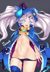 Rule 34 | + +, 1girl, black panties, blue eyes, chiliarch (elsword), crown, elsword, fi-san, highres, horns, jacket, long hair, luciela r. sourcream, open clothes, open jacket, panties, panty pull, silver hair, solo, symbol-shaped pupils, thighhighs, underwear
