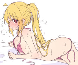 Rule 34 | 1girl, absurdres, ahoge, bikini, blonde hair, blush, bocchi the rock!, breasts, commentary request, highres, ijichi nijika, long hair, looking at viewer, lying, medium breasts, mel (melty pot), on stomach, pink bikini, red eyes, side ponytail, simple background, solo, sweat, swimsuit, unfinished, white background