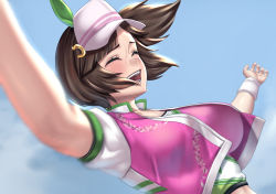 Rule 34 | 1girl, absurdres, animal ears, arms up, blue sky, blurry, blurry foreground, blush, breasts, brown hair, cloud, crop top, cropped jacket, cropped shirt, ear covers, hat, highres, horse ears, horse girl, ines fujin (umamusume), jacket, large breasts, midriff, open clothes, open jacket, open mouth, pink jacket, pink shirt, shirt, side ponytail, sidelocks, single ear cover, sky, smile, solo, standing, stmoon, sweat, teeth, umamusume, upper body, visor cap, white sleeves, wristband