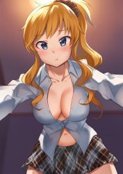 Rule 34 | 10s, 1girl, :t, blonde hair, blouse, blue eyes, blush, breasts, cleavage, collarbone, commentary request, eyelashes, from below, highres, idolmaster, idolmaster cinderella girls, indoors, large breasts, long hair, looking at viewer, midriff, midriff peek, navel, ohtsuki yui, pinned, plaid, plaid skirt, pleated skirt, ponytail, pout, scrunchie, shirt, skirt, solo, takeashiro, tsurime, unbuttoned, unbuttoned shirt, wavy hair, white shirt