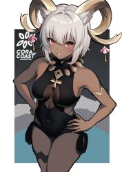 Rule 34 | 1girl, animal ear fluff, animal ears, ankh necklace, arknights, armpits, black one-piece swimsuit, border, carnelian (arknights), carnelian (shimmering dew) (arknights), casual one-piece swimsuit, commentary, cowboy shot, dark-skinned female, dark skin, english commentary, goat ears, goat girl, goat horns, gold horns, grey hair, hands on own hips, highres, horns, looking at viewer, official alternate costume, one-piece swimsuit, open mouth, red eyes, short hair, smile, solo, swimsuit, yan kodiac