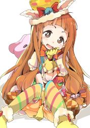 Rule 34 | 1girl, animal ears, ankle boots, argyle, argyle clothes, argyle dress, between legs, blunt bangs, blush, boots, bow, bowtie, brown eyes, brown hair, dress, fake animal ears, fur-trimmed boots, fur trim, gloves, hair ribbon, hand between legs, hat, ichihara nina, idolmaster, idolmaster cinderella girls, idolmaster cinderella girls starlight stage, idolmaster cinderella girls u149, ixy, long hair, looking at viewer, multicolored clothes, multicolored dress, multicolored pantyhose, open mouth, orange bow, orange bowtie, orange ribbon, pantyhose, puffy short sleeves, puffy sleeves, rabbit ears, ribbon, short sleeves, simple background, sitting, smile, solo, striped clothes, striped pantyhose, stuffed animal, stuffed toy, very long hair, white background, yellow gloves