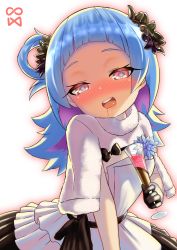 Rule 34 | 1girl, absurdres, alternate costume, azur lane, blue hair, commentary request, cup, dress, drinking glass, drooling, drunk, flower, gloves, glowing, hair ornament, hair rings, highres, medium hair, open mouth, simple background, solo, u-556 (azur lane), u-556 (party knight!) (azur lane), white background, wine glass, yellow eyes