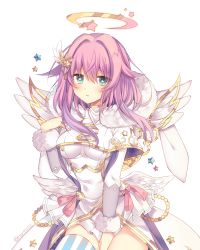 Rule 34 | 1girl, copyright request, dress, gradient hair, green hair, halo, hand on own chest, luca (shironeko project), multicolored hair, pink dress, pink hair, purple hair, rento (rukeai), solo, star (symbol), white dress, wings