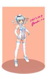 Rule 34 | 1girl, alternate costume, blue hair, boots, breasts, cosplay, covered navel, dated, dixie cup hat, double bun, dress, elbow gloves, gloves, hair bun, hat, hat ribbon, highres, kantai collection, looking at viewer, military hat, moke ro, no panties, pink background, ribbon, samuel b. roberts (kancolle), samuel b. roberts mk ii (kancolle), see-through, see-through dress, short hair, small breasts, solo, standing, thighhighs, twintails, twitter username, weapon, white footwear, white gloves, white thighhighs, yellow eyes