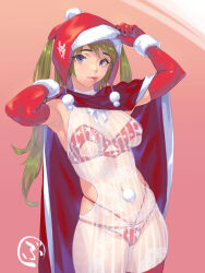 Rule 34 | 1girl, arms up, bikini, breasts, bubuzuke, christmas, elbow gloves, eyebrows hidden by hair, gloves, green hair, hair between eyes, hat, large breasts, long hair, looking at viewer, open mouth, original, pink background, purple eyes, red gloves, red thighhighs, santa bikini, santa costume, santa hat, simple background, smile, solo, standing, swimsuit, thighhighs, twintails