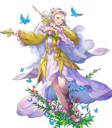 Rule 34 | 1girl, animal, bird, blue butterfly, blue eyes, breasts, bug, butterfly, comic, covered collarbone, dagger, detached sleeves, dress, dual wielding, earrings, eir (fire emblem), feet, female focus, fire emblem, fire emblem heroes, flower, flower earrings, frills, full body, gold trim, grey hair, haccan, hair ornament, highres, holding, holding dagger, holding knife, holding weapon, insect, jewelry, knife, long dress, long hair, medium breasts, nintendo, non-web source, official art, open mouth, ponytail, sandals, see-through, smile, solo, tiara, toeless footwear, toes, transparent background, weapon, wide sleeves