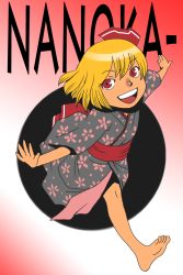 Rule 34 | 1girl, alternate costume, barefoot, blonde hair, darkness, embodiment of scarlet devil, face, feet, female focus, is that so, japanese clothes, kimono, onikobe rin, outstretched arms, red eyes, rumia, running, short hair, smile, soles, solo, spread arms, toes, touhou, yukata