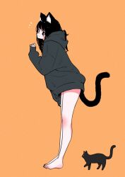 Rule 34 | 1girl, animal ear fluff, animal ears, barefoot, black cat, black hair, black hoodie, blush stickers, cat, cat ears, cat girl, cat tail, closed mouth, commentary request, from side, full body, highres, hood, hood down, hoodie, leaning forward, long hair, long sleeves, looking at viewer, looking to the side, megateru, orange background, original, puffy long sleeves, puffy sleeves, simple background, sleeves past wrists, smile, solo, standing, tail