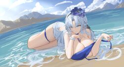 Rule 34 | 1girl, alsace (azur lane), alsace (heat beating summer sacrament) (azur lane), azur lane, beach, between breasts, bikini, blue necktie, breasts, cloud, commentary request, flower, hair flower, hair ornament, highres, huge breasts, jojo xiuxian, long hair, lying, necktie, necktie between breasts, official alternate costume, parted hair, partial commentary, swimsuit, thigh strap, white background, white bikini
