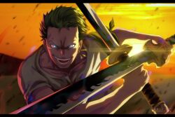 Rule 34 | 1boy, artist name, bandana, bandana around arm, commentary, dual wielding, earrings, english commentary, green hair, highres, holding, holding sword, holding weapon, jewelry, katana, looking at viewer, mad-ak, male focus, one piece, open mouth, outdoors, roronoa zoro, shirt, short hair, short sleeves, single earring, smile, solo, sword, teeth, weapon, white shirt