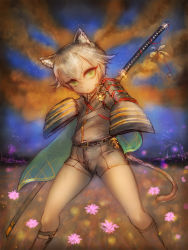 Rule 34 | 10s, 1boy, absurdres, animal ears, armor, cape, cat boy, cat ears, cat tail, flower, girlsay, green eyes, highres, hotarumaru, japanese armor, kemonomimi mode, male focus, no headwear, ootachi, personification, shorts, shoulder armor, silver hair, sleeves past wrists, sode, solo, sword, tail, touken ranbu, weapon