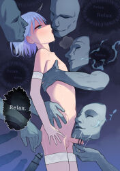 Rule 34 | 1boy, 5boys, bare shoulders, belly, black background, blue eyes, blue hair, colored skin, elbow gloves, erection, flat chest, gloves, grey skin, heavy breathing, highres, imminent gangbang, imminent penetration, male focus, mubo, multiple boys, navel, nude, open mouth, original, precum, small penis, standing, thighhighs, trap, twitching penis, white gloves, white thighhighs, yaoi