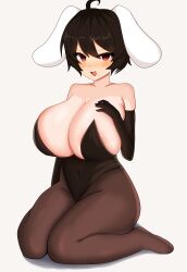 Rule 34 | 1girl, :d, absurdres, ahoge, alternate breast size, animal ears, areola slip, black hair, blush, breasts, covered navel, elbow gloves, floppy ears, full body, gloves, grey background, hand on own chest, highres, huge breasts, inaba tewi, leotard, marota (style), ody kishi, open mouth, pantyhose, playboy bunny, rabbit ears, red eyes, short hair, simple background, sitting, smile, solo, thick thighs, thighs, touhou, wariza