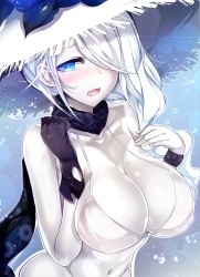 Rule 34 | 10s, 1girl, abyssal ship, alternate costume, bikini, black gloves, black scarf, blue eyes, blush, breast press, breasts, cleavage, flower, gloves, hair over one eye, halterneck, hat, hat flower, highres, kantai collection, large breasts, long hair, looking at viewer, navel, open mouth, pale skin, scarf, seaport summer princess, sideboob, silly (marinkomoe), single glove, solo, sun hat, swimsuit, tongue, upper body, white hair, white hat
