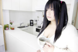 Rule 34 | 1girl, apple, asian, black hair, breasts, chouzuki maryou, cleavage, coffee, coffee maker, food, fruit, frying pan, hip focus, kitchen, large breasts, oven, photo (medium), plump, sink, solo, stove, thick thighs, thighs, wide hips
