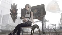 Rule 34 | 1girl, absurdres, bare shoulders, billboard, black pants, bow, building, commentary request, earrings, eyepatch, feet out of frame, fog, grey hair, highres, jewelry, long hair, looking at viewer, original, outdoors, paindude, pants, ringed eyes, russian text, shirt, sitting, sky, smile, solo, stud earrings, tusks, very long hair, white shirt, yellow eyes