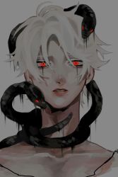 Rule 34 | 1boy, animal, animal around neck, black snake, collarbone, dripping, facial mark, grey background, grey hair, highres, male focus, original, painterly, parted lips, red eyes, red lips, shadow, simple background, sketch, snake, solo, sriokorr, tongue, tongue out