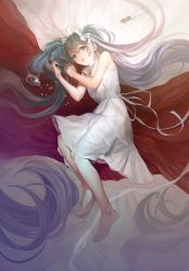 Rule 34 | 1girl, absurdly long hair, bad id, bad pixiv id, barefoot, dress, hatsune miku, highres, karacoroxx, knife, long hair, lying, on side, pill, solo, twintails, very long hair, vocaloid, white dress