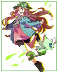 Rule 34 | 1girl, bike shorts, brown hair, buttons, camouflage, camouflage headwear, celebi, coat, commentary, creatures (company), eyelashes, fingernails, floating hair, game freak, gen 2 pokemon, green coat, hari611, hat, highres, leaf (pokemon), leaf (sygna suit) (pokemon), leg up, legendary pokemon, long hair, long sleeves, mythical pokemon, nintendo, official alternate costume, open mouth, outstretched arms, pokemon, pokemon (creature), pokemon masters ex, shoes, smile, tongue