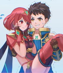 Rule 34 | 1boy, 1girl, breasts, brown hair, carrying, chest jewel, commentary, earrings, fingerless gloves, gem, gloves, grin, hair ornament, headpiece, hetero, highres, jewelry, looking at another, medium breasts, princess carry, pyra (xenoblade), red eyes, red hair, rex (xenoblade), saburou (jako), short hair, shorts, smile, sweatdrop, swept bangs, thighhighs, tiara, xenoblade chronicles (series), xenoblade chronicles 2