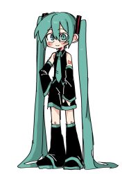 1girl absurdly_long_hair blue_eyes blue_hair blush_stickers collared_shirt detached_sleeves full_body hand_on_own_hip hatsune_miku kyomu_305 leg_warmers long_hair long_sleeves necktie shirt shoes shorts sleeveless sleeveless_shirt smile solo twintails very_long_hair vocaloid